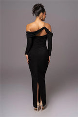 Off-shoulder Long Sleeve Strapless Backless Back Slit Evening Maxi Dress