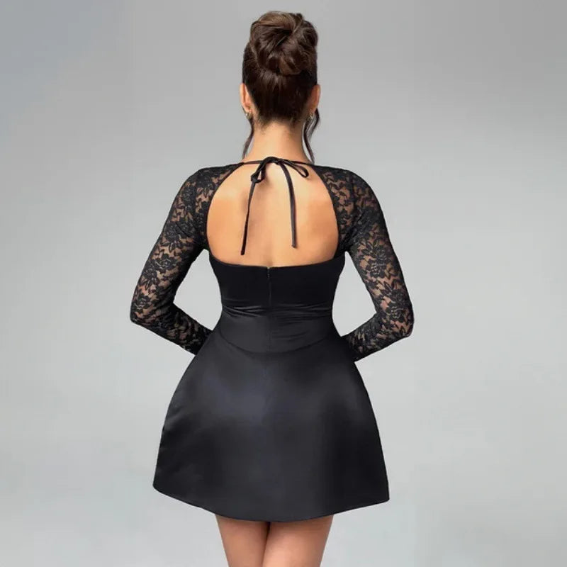 Long Sleeve Robe Square Collar Backless A-line High Waist Lace Mini Dress Seroun