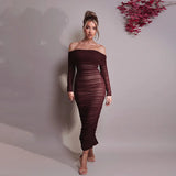 Off-shoulder Long Sleeve Strapless Backless Ruched Maxi Dress