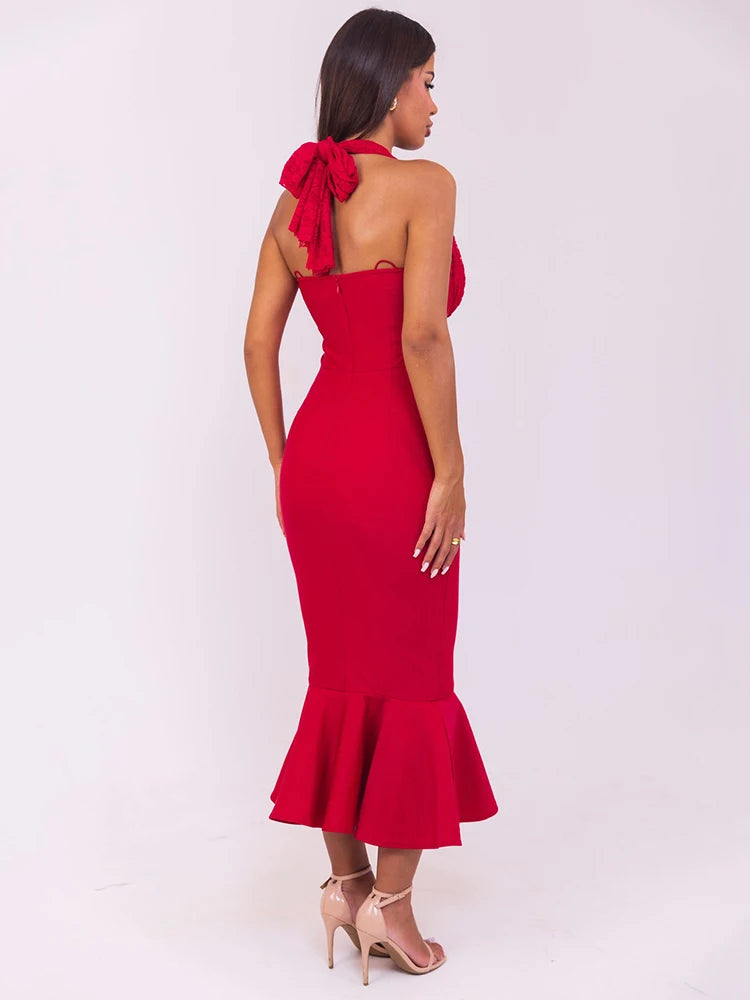 Sleeveless Fishtail Halter Deep V Neck Backless Maxi Dress