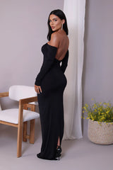 Diagonal Collar Long Sleeve Sparkle Backless Ruched Maxi Dress