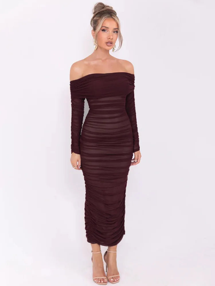 Off-shoulder Long Sleeve Strapless Backless Ruched Maxi Dress