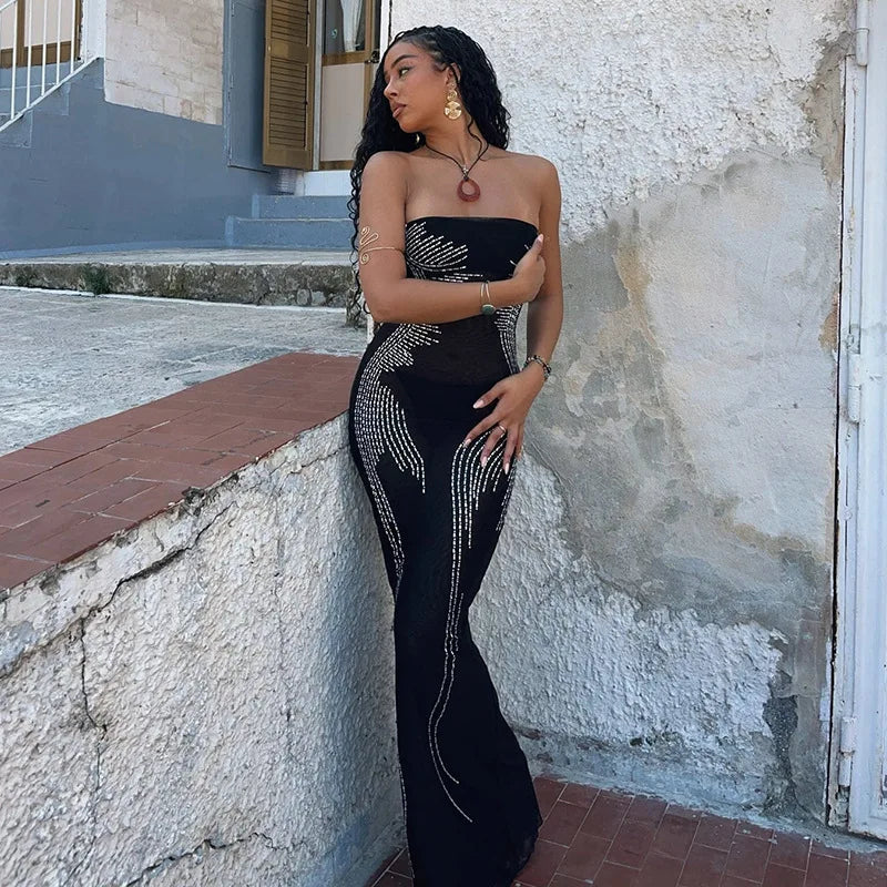 Off-shoulder Black Strapless Sleeveless Backless Bodycon Sequins Maxi Dress