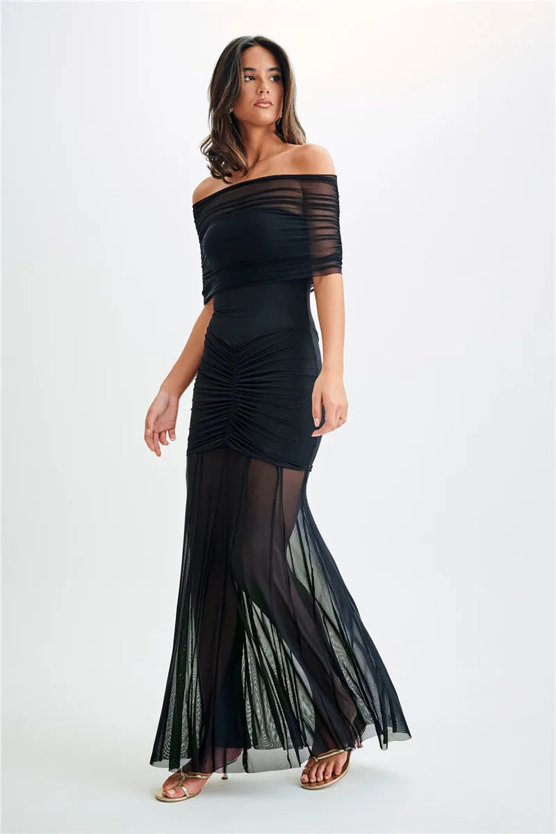 Off-shoulder Backless Mesh Strapless Sleeveless Maxi Dress Seroun