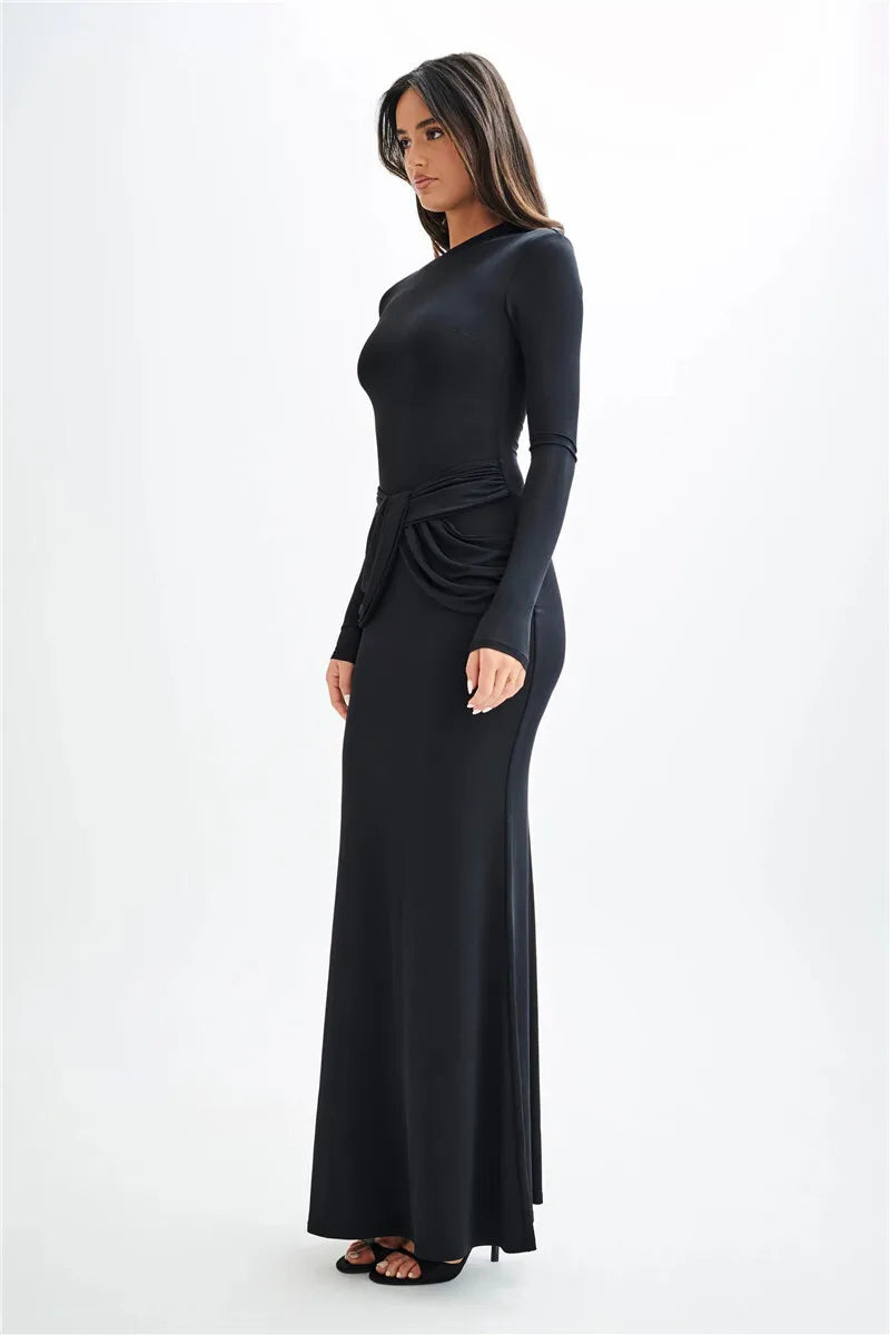 Diagonal Collar Long Sleeve Solid High Waist Ruched Bodycon Maxi Dress Seroun