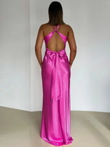 Satin Bow Backless V Neck Sleeveless Maxi Dress