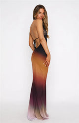 Halter Strapless Sleeveless Backless Lace-up Print Maxi Dress