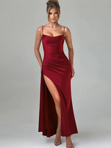 Elegant Satin Split Spaghetti Strap Sleeveless Backless Bodycon Maxi Dress