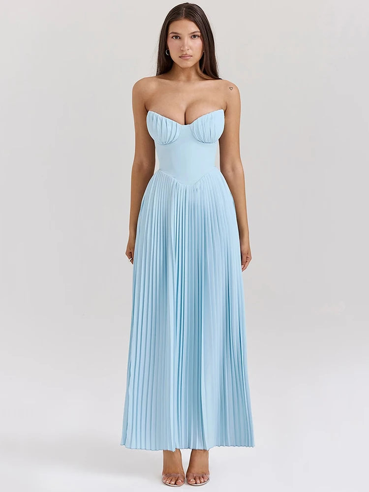 Off-shoulder Backless Pleated Strapless Sleeveless High Waist Maxi Dress Seroun