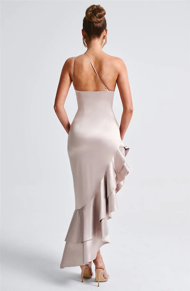 Elegant Ruffled High Split Diagonal Collar Sleeveless Backless Evening Maxi Dress