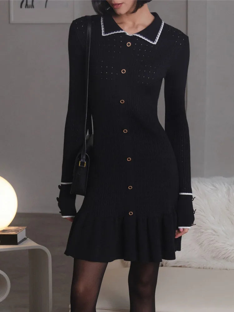 Long Sleeve Lapel Single-Breasted Button Ruffled Knit Mini Dress Seroun