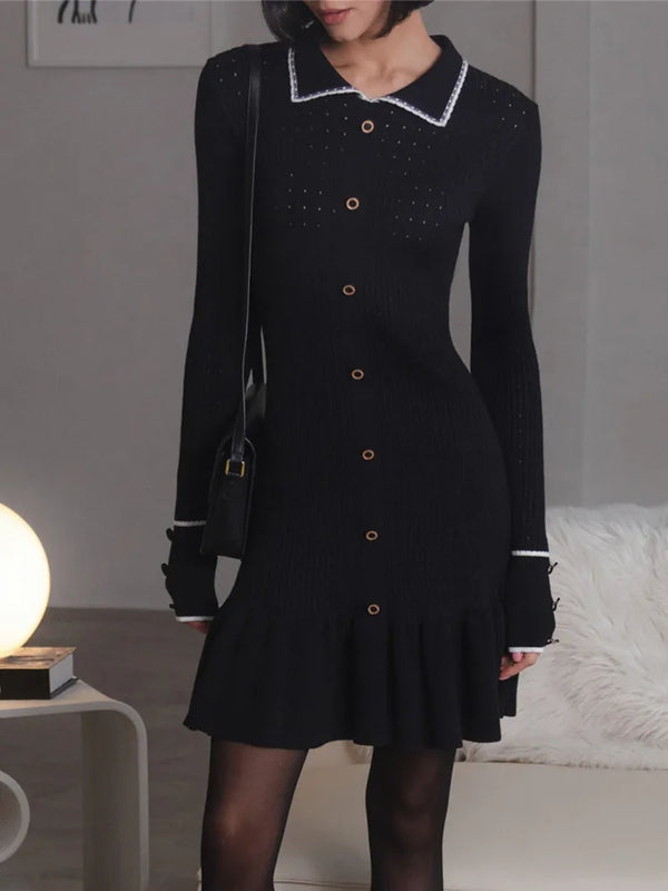 Long Sleeve Lapel Single-Breasted Button Ruffled Knit Mini Dress