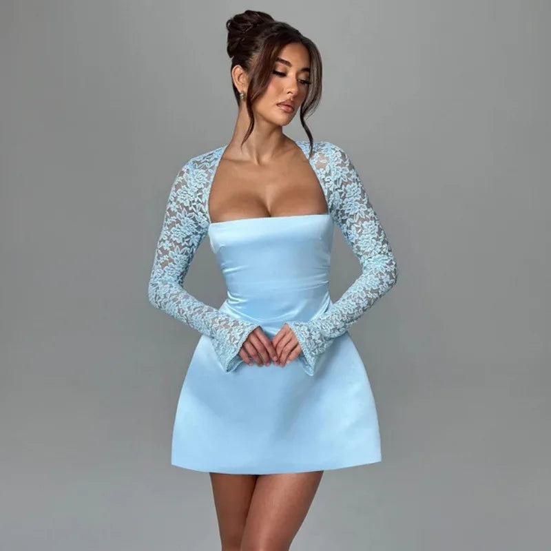 Long Sleeve Robe Square Collar Backless A-line High Waist Lace Mini Dress Seroun