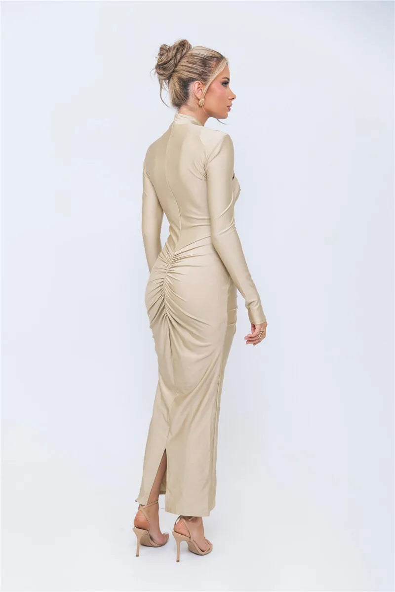 Hollow Out Long Sleeve Metal Buckle Ruched Slit Maxi Dress