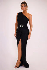 Shiny Brooch Inclined Shoulder Sleeveless Backless Split Maxi Dress