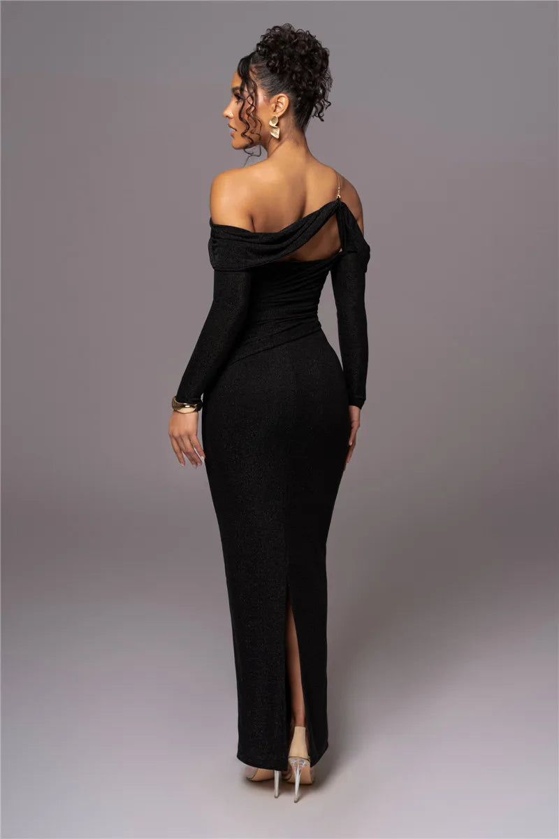 Off-shoulder Long Sleeve Strapless Backless Back Slit Evening Maxi Dress