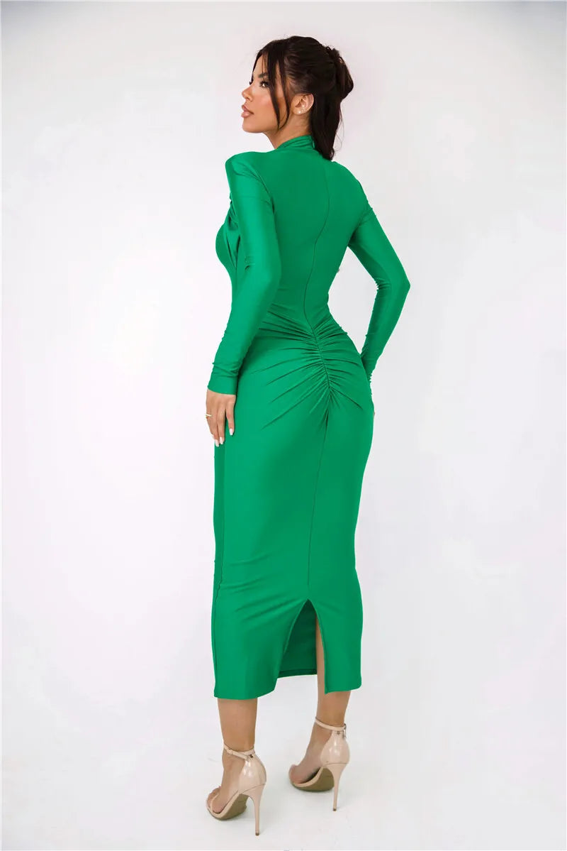 Hollow Out Long Sleeve Metal Buckle Ruched Slit Maxi Dress