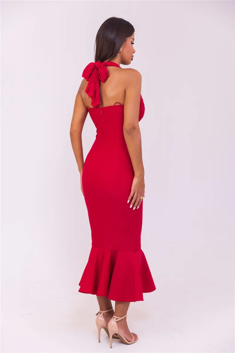 Sleeveless Fishtail Halter Deep V Neck Backless Maxi Dress