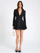 Black Blazer V Neck Single-breasted Long Sleeve High Waist Pleated Mini Dress