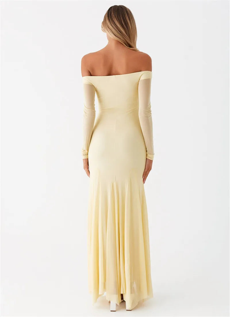 Off-shoulder Long Sleeve Strapless Backless Pleated Maxi Dress