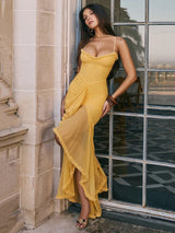 Ruffled Draped Ruched Yellow Spaghetti Strap Sleeveless Backless Maxi Dress