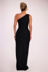 Shiny Brooch Inclined Shoulder Sleeveless Backless Split Maxi Dress