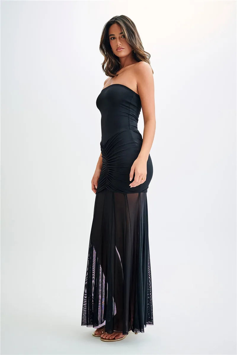 Off-shoulder Backless Mesh Strapless Sleeveless Maxi Dress Seroun