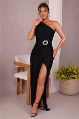 Shiny Brooch Inclined Shoulder Sleeveless Backless Split Maxi Dress