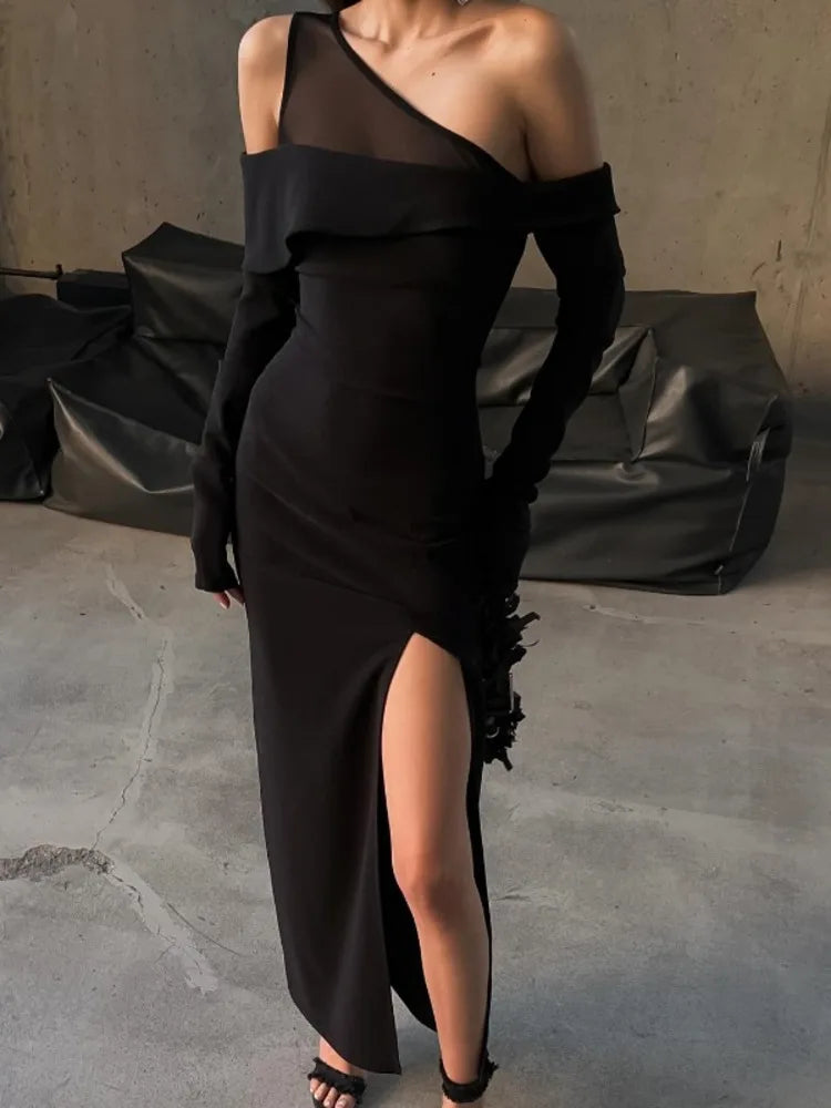 Black Oblique Shoulder Split Solid Backless Long Sleeve Evening Maxi Dress