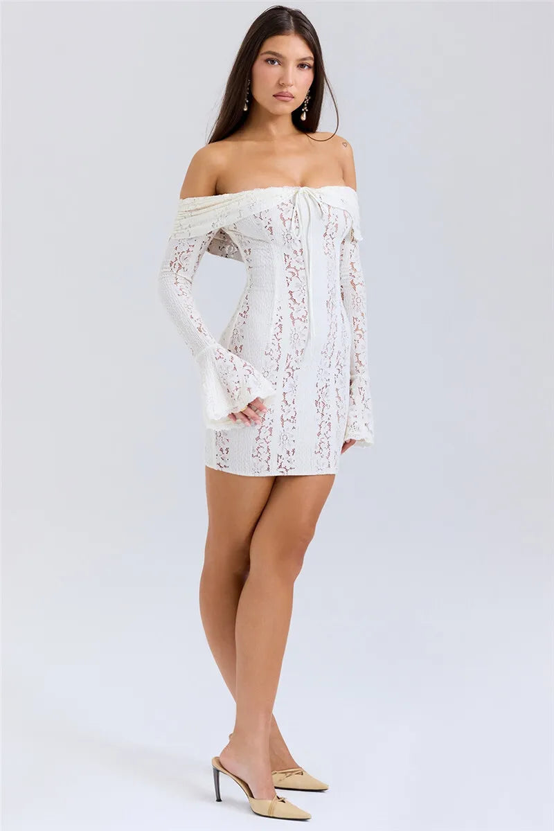 Off-shoulder Lace White Strapless Long Sleeve Backless Mini Dress