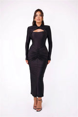 Hollow Out Long Sleeve Metal Buckle Ruched Slit Maxi Dress