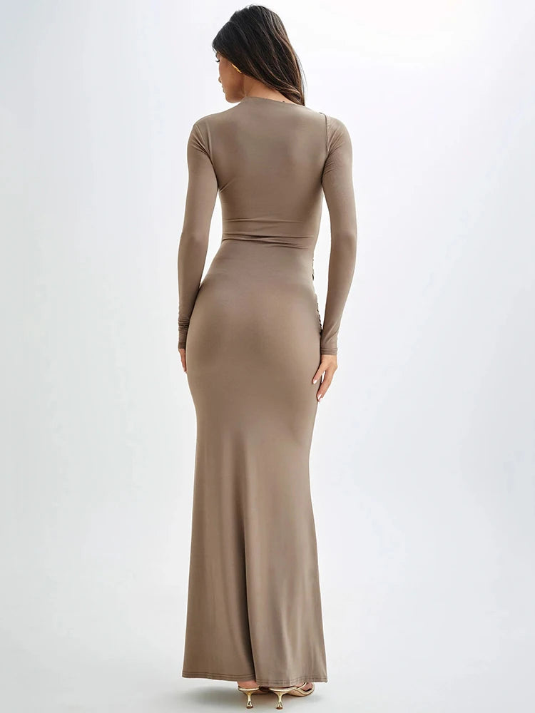 Diagonal Collar Long Sleeve Solid High Waist Ruched Bodycon Maxi Dress