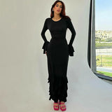 Lace-up Long Flare Sleeve O Neck Loose Ruffled Maxi Dress