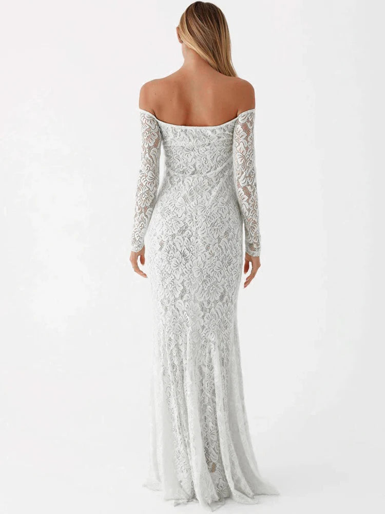 Long Sleeve Backless Off-shoulder Strapless See Through Lace Maxi Dress