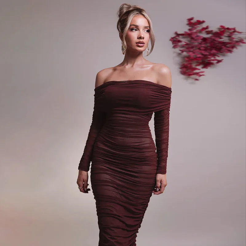 Off-shoulder Long Sleeve Strapless Backless Ruched Maxi Dress