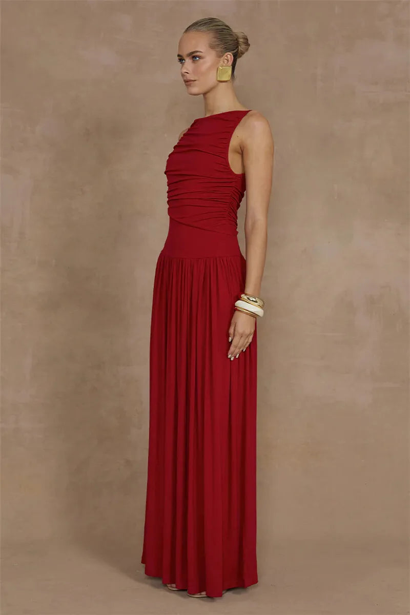 Elegant Sleeveless Solid Boat Neck Tank Ruched Maxi Dress