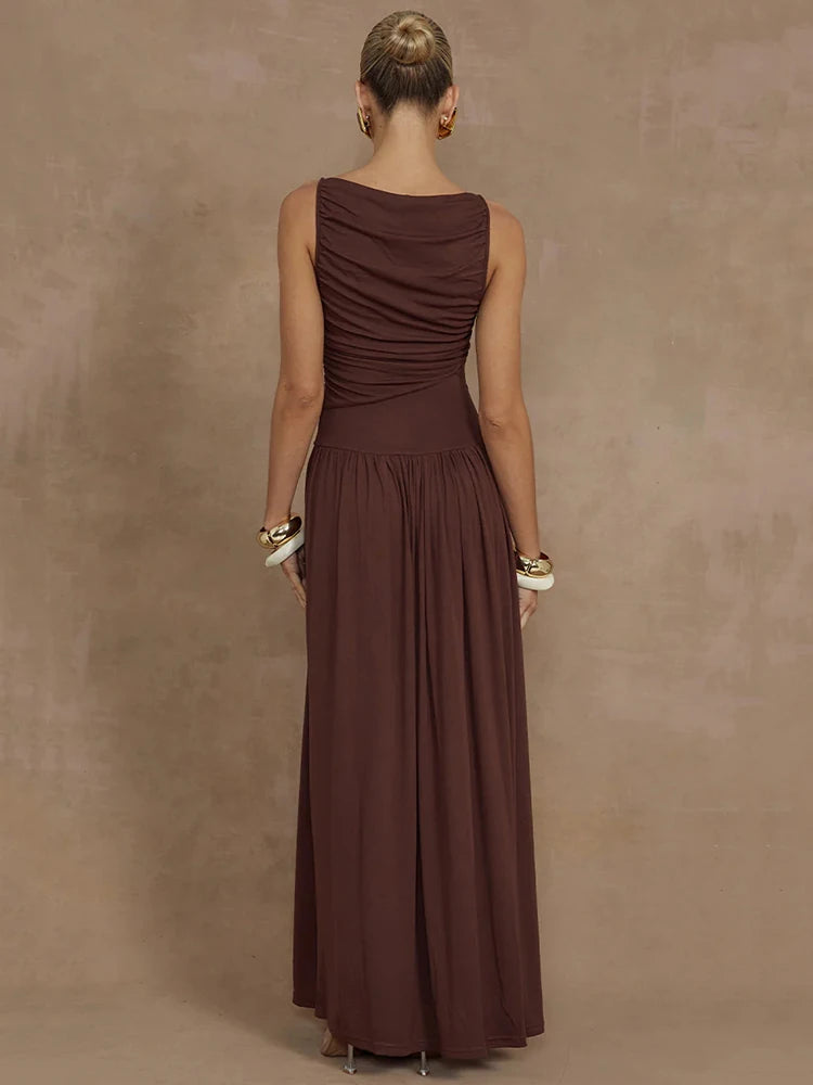 Elegant Sleeveless Solid Boat Neck Tank Ruched Maxi Dress