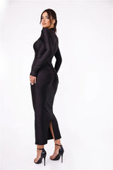 Hollow Out Long Sleeve Metal Buckle Ruched Slit Maxi Dress