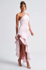 Elegant Ruffled High Split Diagonal Collar Sleeveless Backless Evening Maxi Dress