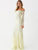 Long Sleeve Backless Off-shoulder Strapless See Through Lace Maxi Dress