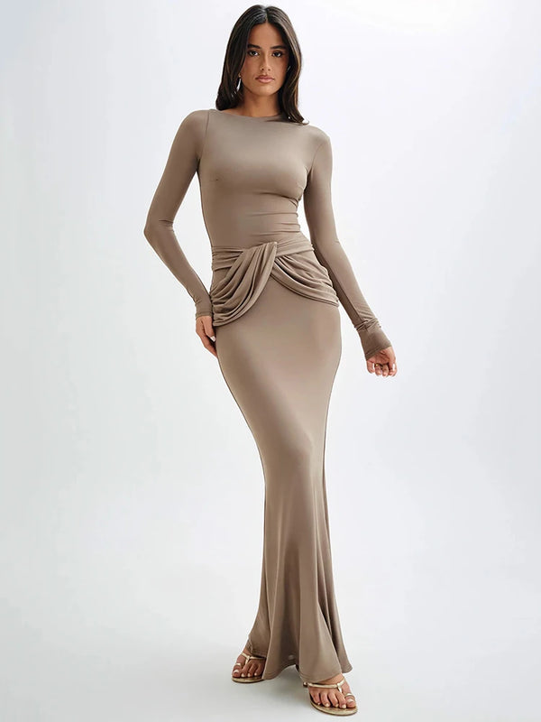 Diagonal Collar Long Sleeve Solid High Waist Ruched Bodycon Maxi Dress Seroun