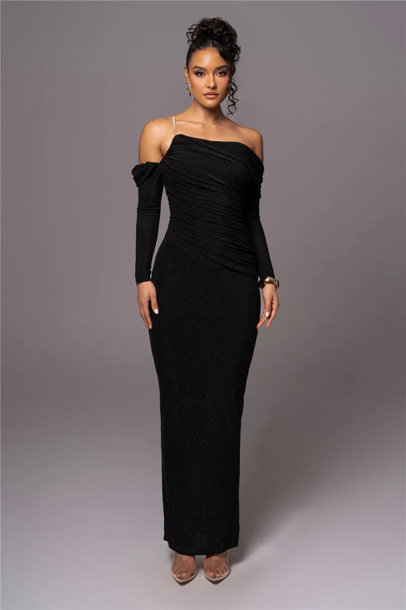 Off-shoulder Long Sleeve Strapless Backless Back Slit Evening Maxi Dress