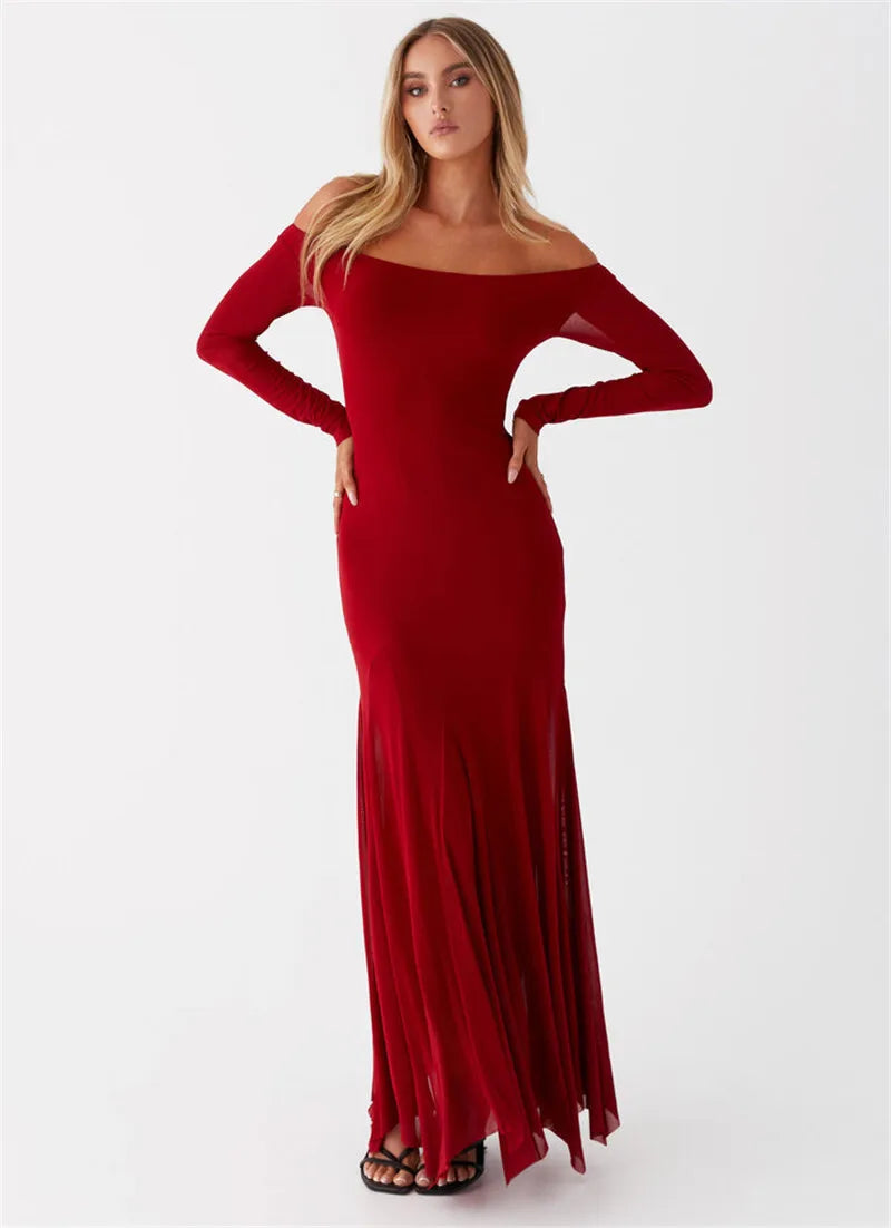 Off-shoulder Long Sleeve Strapless Backless Pleated Maxi Dress