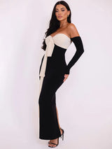 Patchwork Off-shoulder Contrast Color Strapless Long Sleeve Maxi Dress