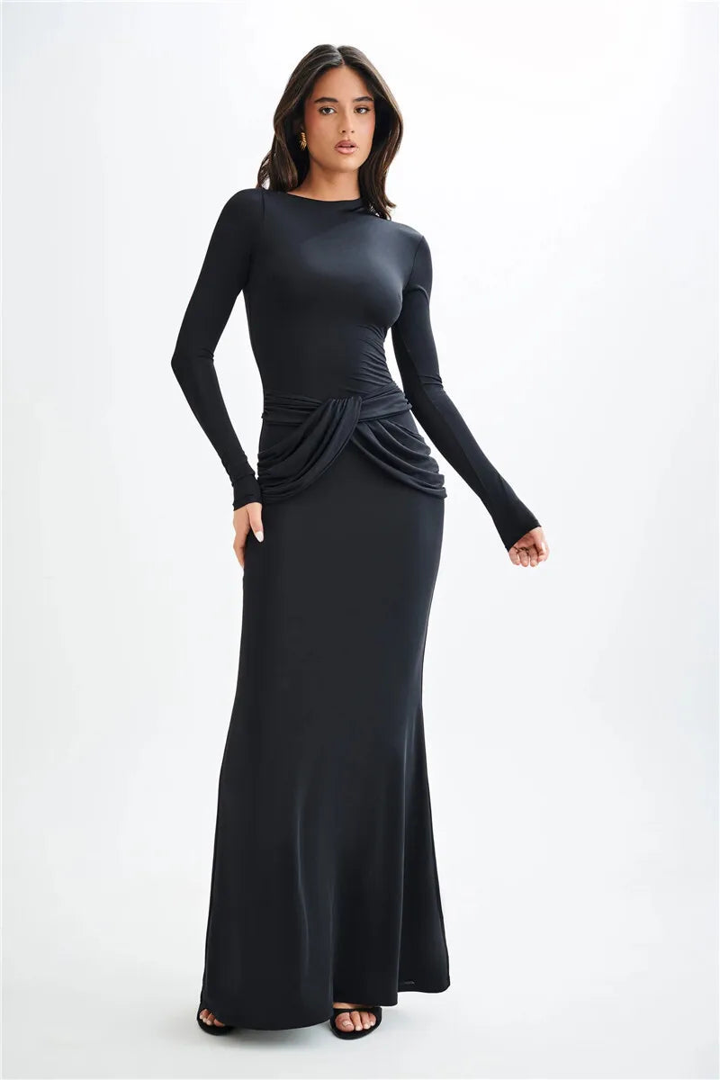 Diagonal Collar Long Sleeve Solid High Waist Ruched Bodycon Maxi Dress Seroun