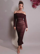 Off-shoulder Long Sleeve Strapless Backless Ruched Maxi Dress