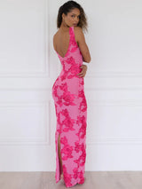 Elegant Floral Print Embroidered Applique Tank Maxi Dress