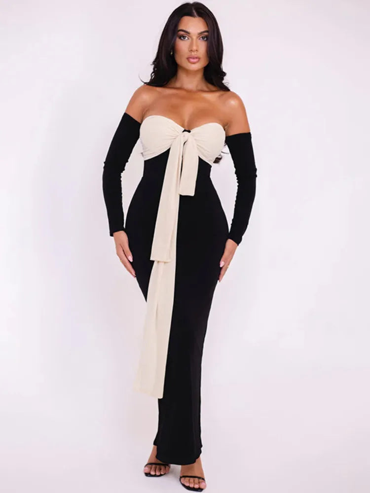 Patchwork Off-shoulder Contrast Color Strapless Long Sleeve Maxi Dress Seroun