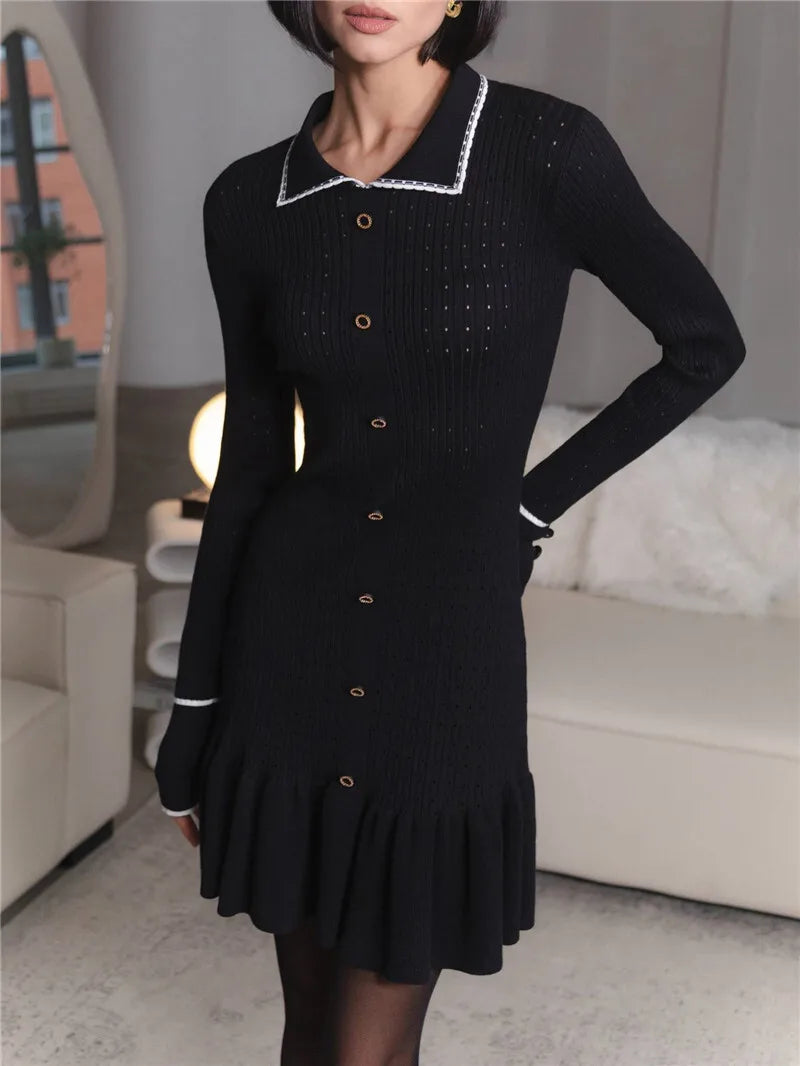 Long Sleeve Lapel Single-Breasted Button Ruffled Knit Mini Dress Seroun