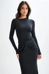 Diagonal Collar Long Sleeve Solid High Waist Ruched Bodycon Maxi Dress